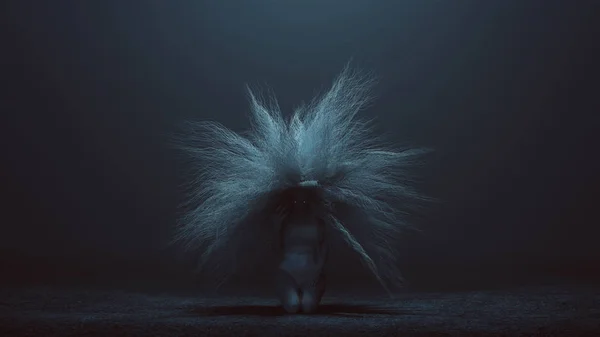 Evil Spirit Kneeling Down in a foggy void with Glowing White Eyes and a Bad Hair Day 3d Illustration