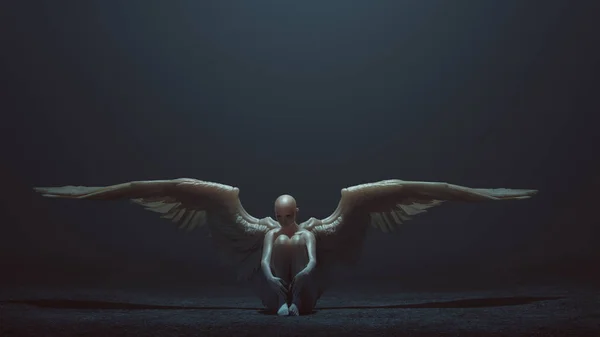 Evil Spirit with Wings Sitting down with its Knees up in a foggy void 3d Illustration
