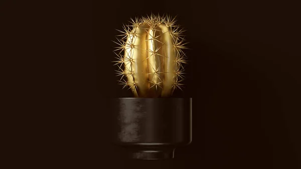 金仙人掌与黑植物锅3D插图 — 图库照片