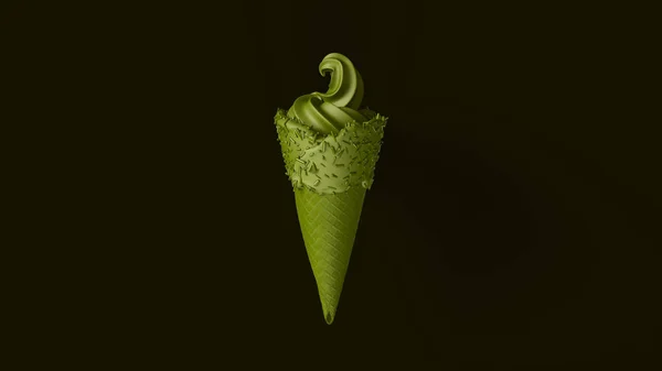 橄榄绿色冰淇淋与橄榄绿结冰和橄榄绿洒3D插图3D渲染 — 图库照片