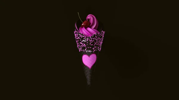 粉红色冰淇淋与黑色结冰和粉红色洒与心脏3D插图 — 图库照片