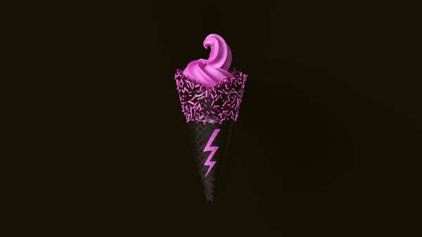 粉红色冰淇淋与黑色结冰和粉红色洒水与闪光3D插图 — 图库照片