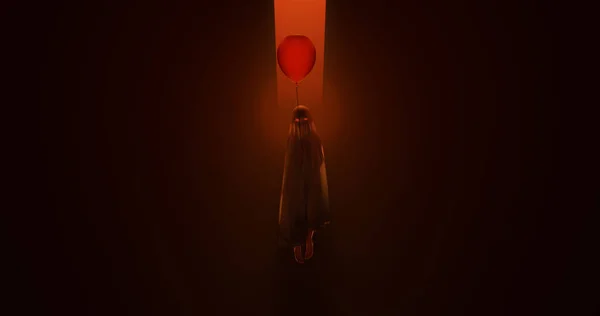 霧の空虚に赤い風船を持つ子供の浮遊悪の精神左3Dイラスト — ストック写真