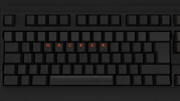 Close Illuminated Glowing Keys Black Keyboard Spelling Hacker — Stock Photo, Image