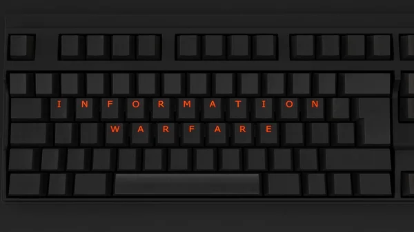 Close Illuminated Glowing Keys Black Keyboard Spelling Information Warfare Illustration — Stock Photo, Image