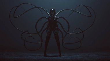 Sexy Biker Demon Woman in a Bodice an Leather Boots and Crash Helmet With Tactile Tentacles in a foggy void 3d Illustration 3d render  clipart