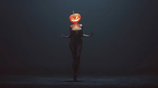 Sexy Pumpkin Head Devil Woman Foggy Void Illustration Render — Stock Photo, Image