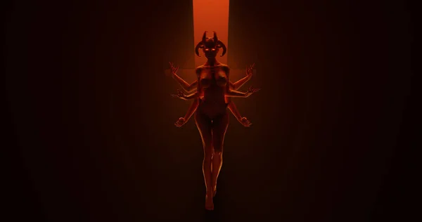 Szexi Multi Fegyveres Devil Woman Egy Ködös Void Illusztráció Render — Stock Fotó