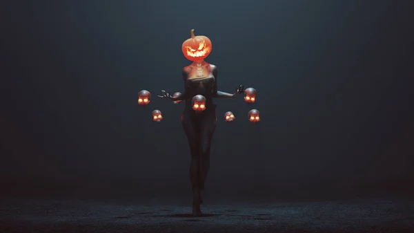 Sexy Pumpkin Głowa Diabeł Kobieta Pływających Czaszki Mglisty Void Ilustracja — Zdjęcie stockowe