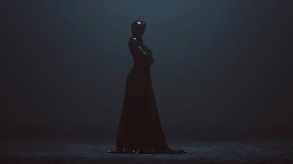 Μαύρο Συρρικνωμένο Τυλιγμένο Φουτουριστική Υψηλή Ραπτική Φόρεμα Αφηρημένο Δαίμονας Απεικόνιση — Φωτογραφία Αρχείου