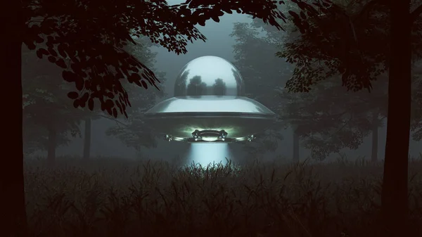 Silver UFO Hovering in a Grassy Wooded Clearing with a Beam of Light 3d illustration 3d render