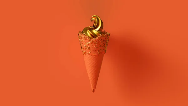 ゴールドリーフアイスクリームとゴールドスプリンクル3Dイラストのオレンジアイスクリーム — ストック写真