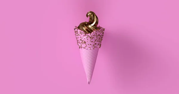Altın Yaprak Dondurma Altın Sprinkles Illüstrasyon Ile Pembe Dondurma — Stok fotoğraf