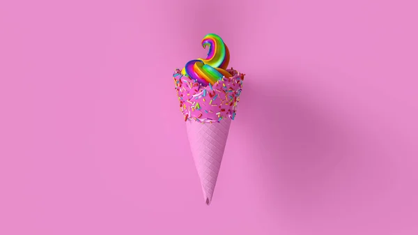 Pink and Rainbow Ice Cream with Pink Icing and Multi Colored Sprinkles 3d illustration