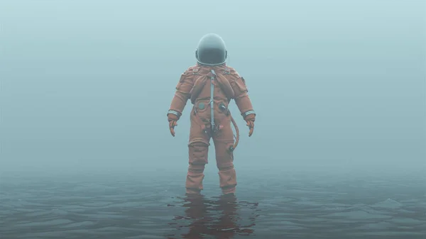 Astronaut Orange Advanced Crew Escape Suit Black Visor Standing Water — Stock Photo, Image