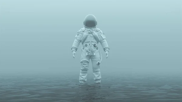 Astronaut Red Visor Standing Red Liquid Foggy Overcast Alien Environment — Stock Photo, Image