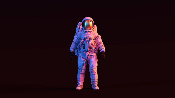 Astronaut with Gold Visor and White Spacesuit with Pink and Blue Moody 80s lighting Front 3d illustration 3d render 