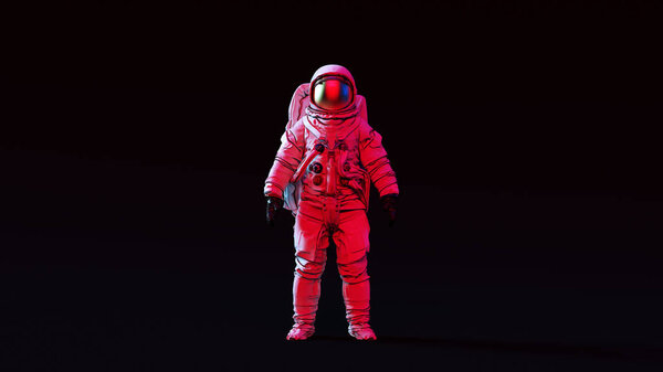 Astronaut with Gold Visor and White Spacesuit with Pink and Blue Moody 80s lighting Front 3d illustration 3d rende