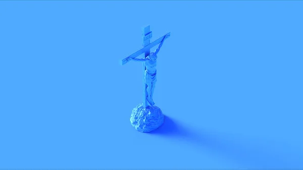 蓝色耶稣基督在十字架上与荆棘耶稣的皇冠的拿撒勒国王的犹太人雕像3D插图3D渲染 — 图库照片