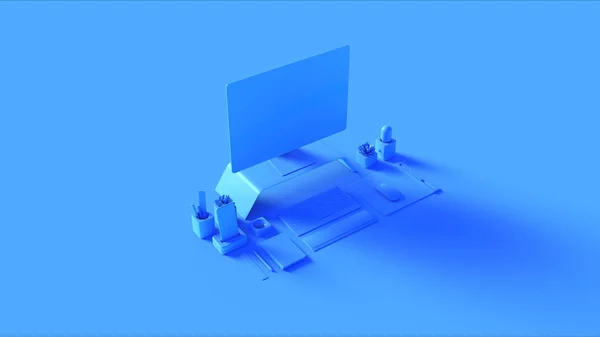 Blue Contemporary Desk Setup 3d illustration 3d rendering