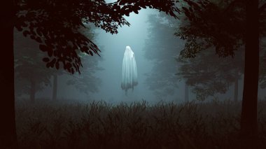 Floating Evil Spirit in a Wooded Clearing with a Beam of Light 3d illustration 3d render  clipart