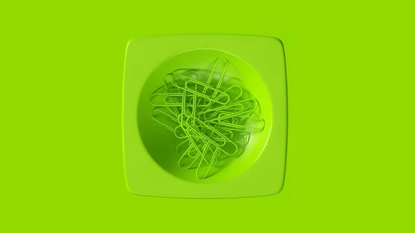 ペーパークリップ3Dイラスト3Dレンダリングのグリーンデスクティディボウル — ストック写真