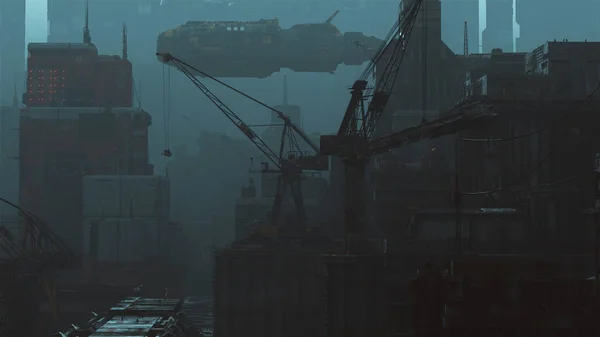Futuristisk City Industrial Spaceship Dockyard Construction Illustrasjon – stockfoto