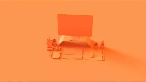 Πορτοκαλί Σύγχρονο Hot Γραφείο Εγκατάσταση Γραφείου Φορητό Υπολογιστή Κινητό Τηλέφωνο — Φωτογραφία Αρχείου