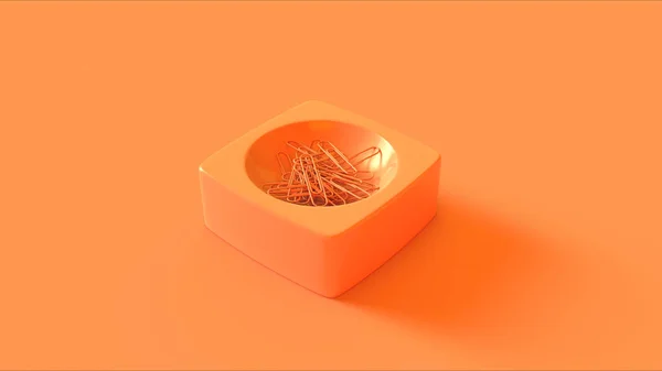Orangefarbene Schreibtischschüssel Mit Büroklammern Illustration Rendering — Stockfoto