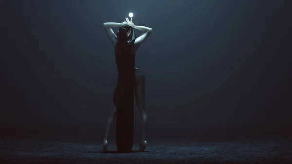 霧の空虚な3Dイラスト3Dレンダリングで未来的なオートクチュールドレス抽象悪魔でカメラと輝くオーブに戻るセクシーな魔女の悪魔の女性 — ストック写真