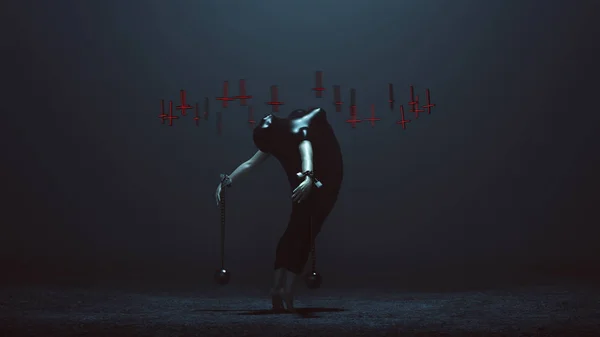 黑色芭蕾舞舞者恶魔在一个伸展向前的位置包裹在黑色乳胶和链式手腕与浮动上下交叉未来派3季度后右视图3D插图3D渲染 — 图库照片