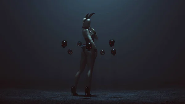Демон Вампір Кролика Дівчина Чорному Латексі Риболовецьких Мережах Плаваючих Черепів — стокове фото