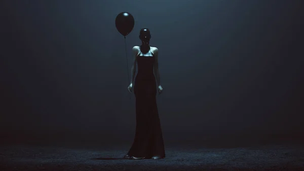 未来恶魔妇女与黑色气球在一个未来主义的高级时装礼服和面罩抽象恶魔刺客前视图3D插图3D渲染 — 图库照片
