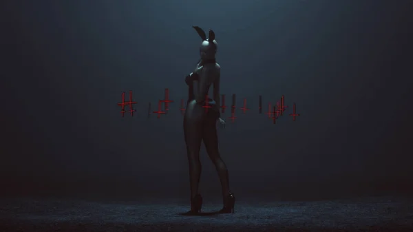 Demon Vampire Bunny Girl Black Latex Tights Floating Upside Cross — Stock Photo, Image