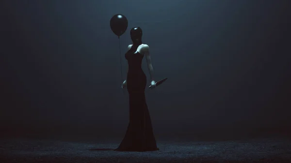 Φουτουριστική Γυναίκα Δαίμονας Ένα Μαύρο Μπαλόνι Και Ένα Μαχαίρι Ένα — Φωτογραφία Αρχείου