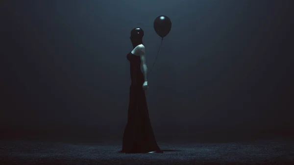 Mujer Demoníaca Futurista Con Globo Negro Vestido Alta Costura Futurista — Foto de Stock