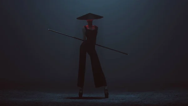 Futuristic Asian Demon Assassin Corset Pant Suit Staff Conical Hat — Stok Foto