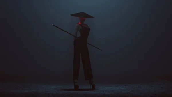 Futuristic Asian Demon Assassin Corset Pant Suit Staff Conical Hat — Stockfoto