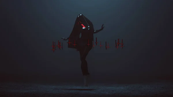 フローティングブラックデーナンシュリンクラップ未来オートクチュールドレスと逆さま浮かぶ浮遊十字架抽象悪魔3Dイラスト — ストック写真