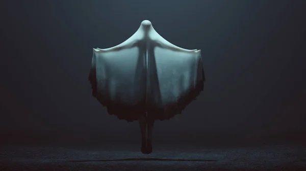 浮动的邪恶精神幽灵与武器出和发光的眼睛在一个死亡的罩在雾虚作背视图3D插图3D渲染 — 图库照片