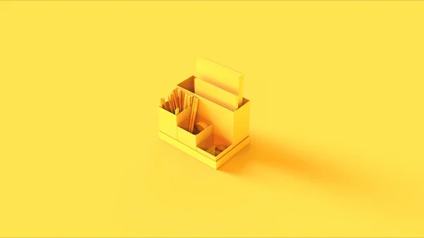 Yellow Desk Tidy Στυλό Και Ένα Ruler Απεικόνιση Απόδοση — Φωτογραφία Αρχείου