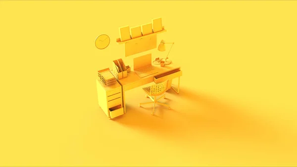 Yellow Small Contemporary Home Office Beállítások Polcképkeretekkel Fejhallgatók Asztali Lámpa — Stock Fotó