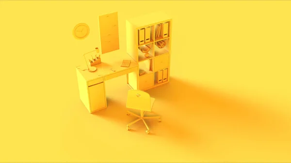 Yellow Small Contemporary Home Office Setup Shelf Picture Frames Headphones — стоковое фото