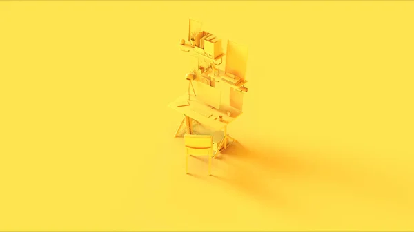 Yellow Small Contemporary Home Office Beállítások Polcképkeretekkel Fejhallgatók Asztali Lámpa — Stock Fotó