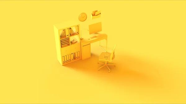 Yellow Small Contemporary Home Office Setup with Shelf\'s Picture Frames Headphones an Desk Lamp 3d illustration 3d rendering