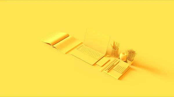 Yellow Contemporary Hot Desk Office Setup Laptop Mobile Phone Notepads — 스톡 사진