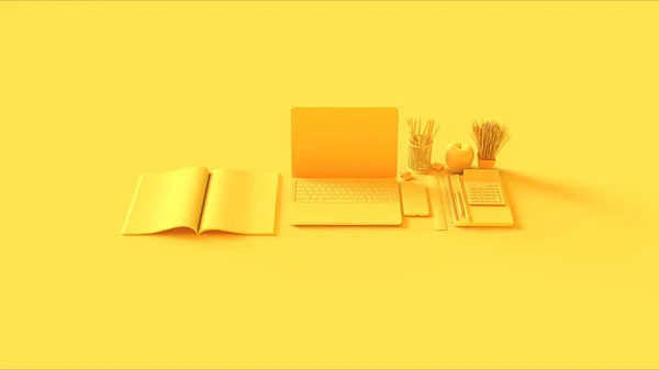 Configuración Oficina Escritorio Caliente Contemporánea Amarilla Con Bloc Notas Teléfono —  Fotos de Stock