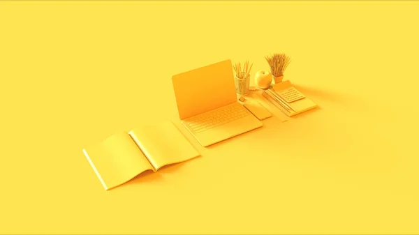 Žlutá Současný Hot Desk Office Nastavení Notebookem Mobilní Telefon Notepads — Stock fotografie
