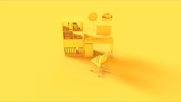 Жовтий Невеликий Сучасний Домашній Офіс Налаштування Фоторамками Полки Навушники Настільна — стокове фото