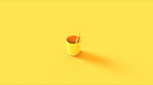 Yellow Desk Tidy with Pens and a Ruler 3d illustration 3d rendering